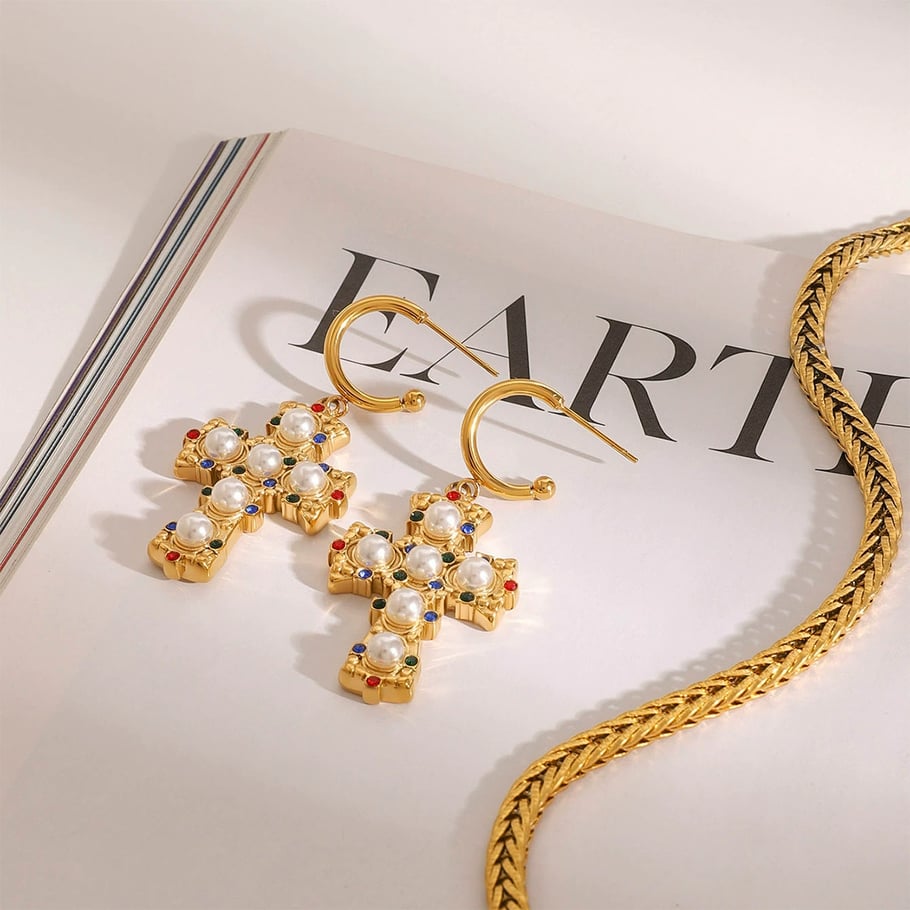1 Pair Luxurious Series Exquisite Colorful Cross Shape Stainless Steel Gold Color Women's Drop Earrings Picture6