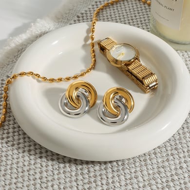1 Pair Modern Series Classic Overlapped Annular Stainless Steel Gold Color Women's Stud Earrings h5 Picture7