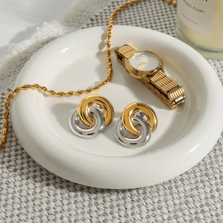 1 Pair Modern Series Classic Overlapped Annular Stainless Steel Gold Color Women's Stud Earrings Picture7