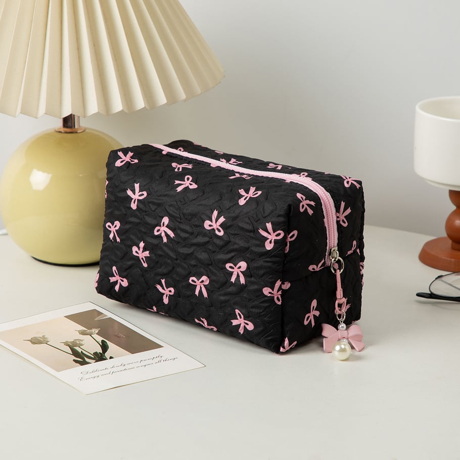 1 Piece Stylish Bowknot Portable Large Capacity Beauty Case With Random Printing Design Women's Black Cosmetic Bags Picture4