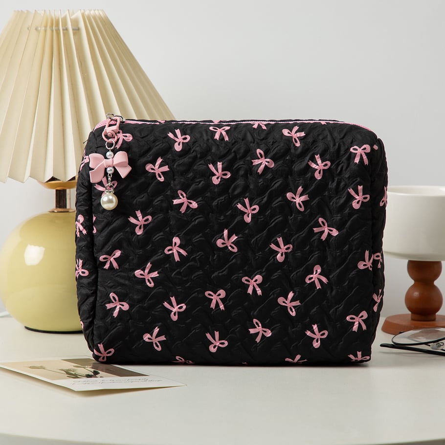 1 Piece Stylish Bowknot Portable Large Capacity Beauty Case With Random Printing Design Women's Black Cosmetic Bags Picture5