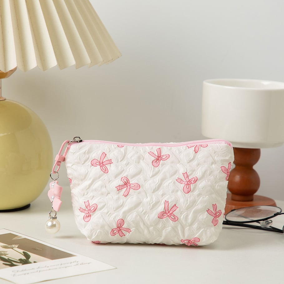 1 Piece Stylish Bowknot Portable Large Capacity Beauty Case With Random Printing Design Women's Pink Cosmetic Bags Picture6