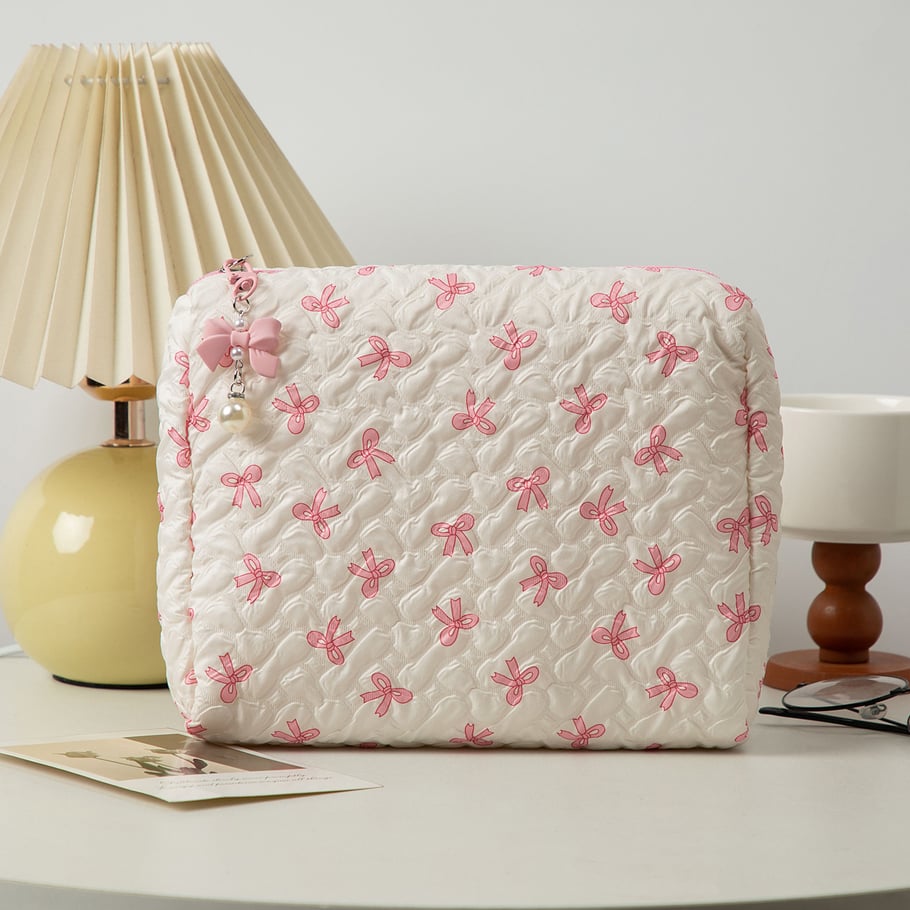 1 Piece Stylish Bowknot Portable Large Capacity Beauty Case With Random Printing Design Women's Pink Cosmetic Bags Picture4