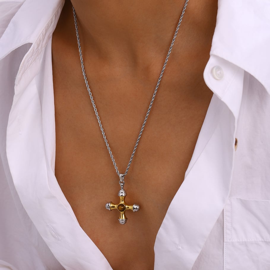 1 Stück Halsketten mit Anhänger aus Edelstahl der Classic-Serie mit natürlichem Kreuz und vergoldeter Farbe für Damen Bild13