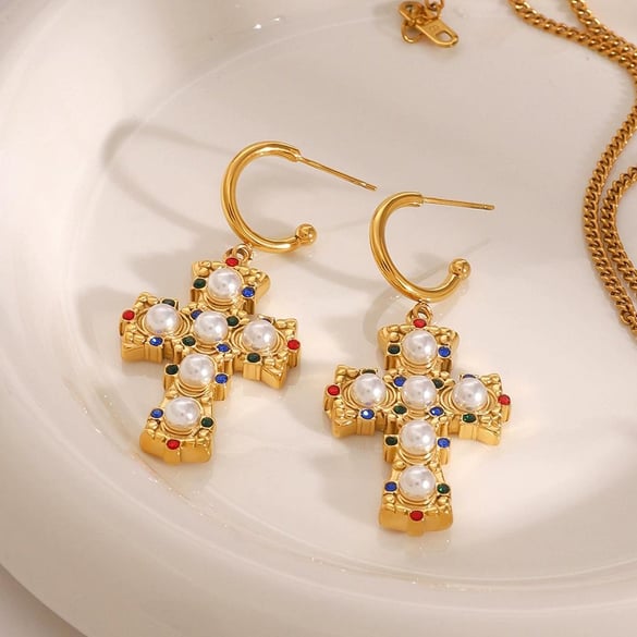 1 Pair Luxurious Series Exquisite Colorful Cross Shape Stainless Steel Gold Color Women's Drop Earrings