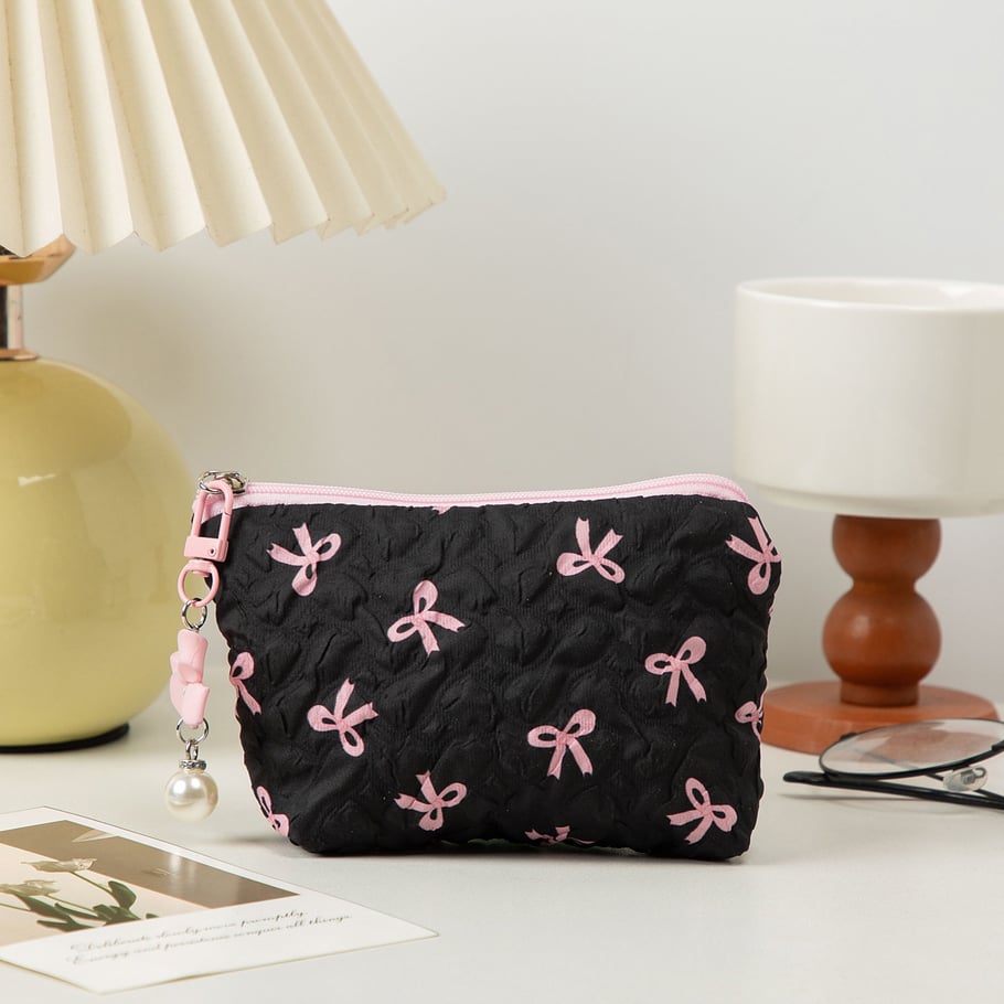 1 Piece Stylish Bowknot Portable Large Capacity Beauty Case With Random Printing Design Women's Black Cosmetic Bags Picture6
