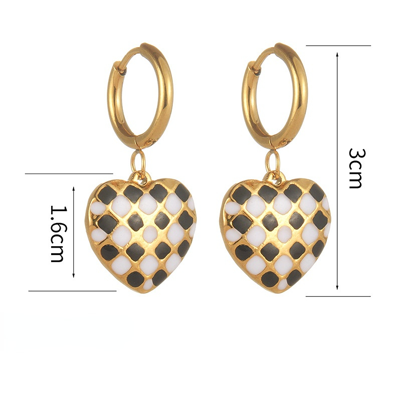 1 Pair Retro Checkerboard Color Heart Shape Gold Color Stainless Steel Women's Drop Earrings Picture7