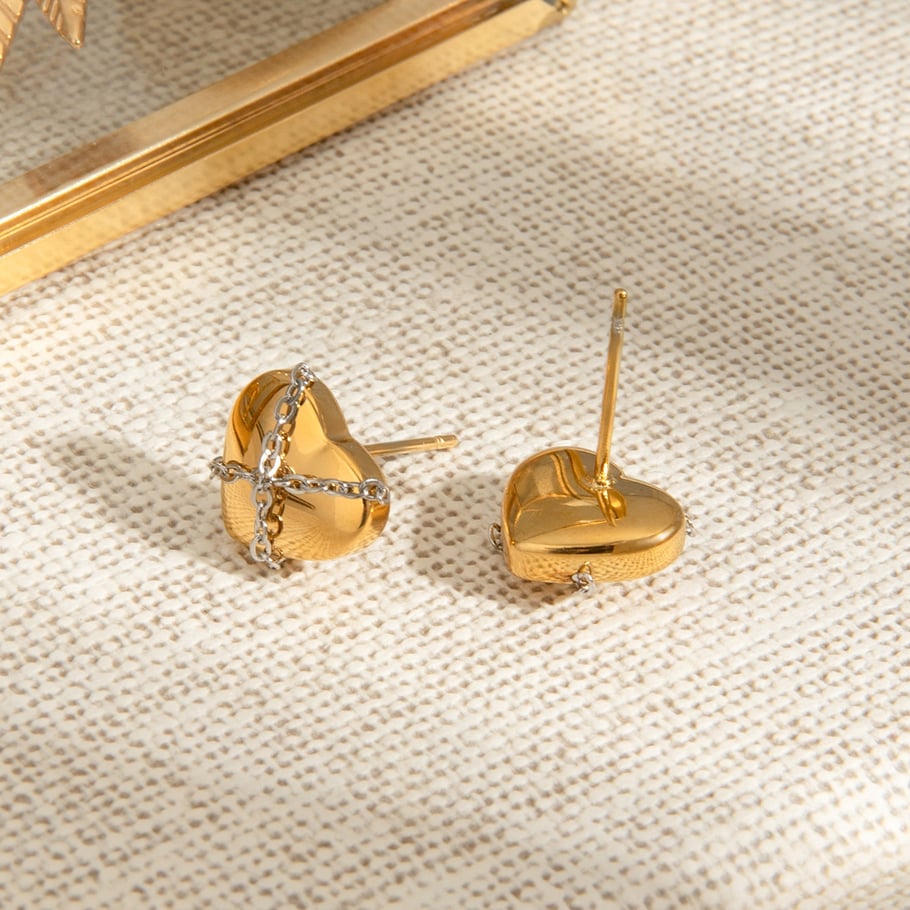 1 Pair Stylish Series Punk Chain Heart Stainless Steel Gold and Silver Color Women's Stud Earrings Picture6