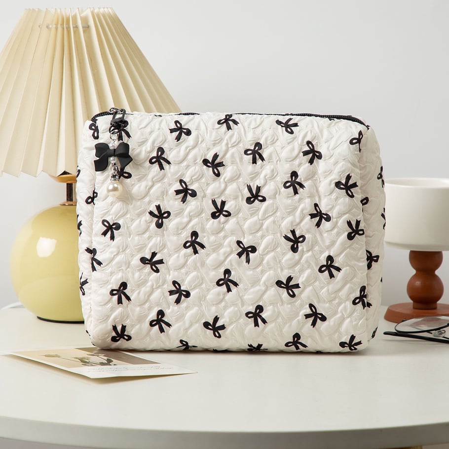 1 Piece Stylish Bowknot Portable Large Capacity Beauty Case With Random Printing Design Women's White Cosmetic Bags h5Picture5