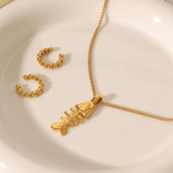 1 Piece Classic Series Funny Fishbone Stainless Steel Gold Color Women's Pendant Necklaces 2