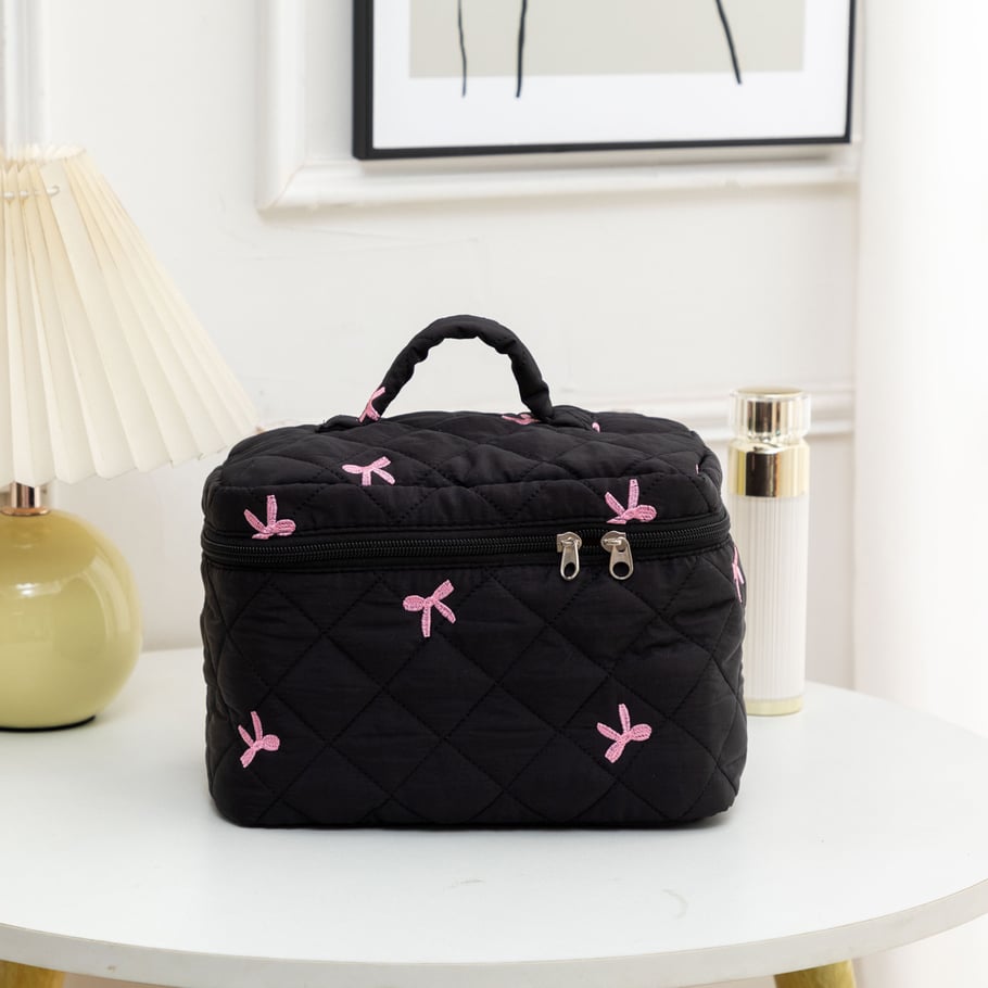 1 Piece Classic Travel Bowknot Portable Large Capacity Beauty Case With Random Printing Design Women's Quilted Cosmetic Bags Picture6