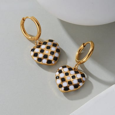 1 Pair Retro Checkerboard Color Heart Shape Gold Color Stainless Steel Women's Drop Earrings h5 Picture3