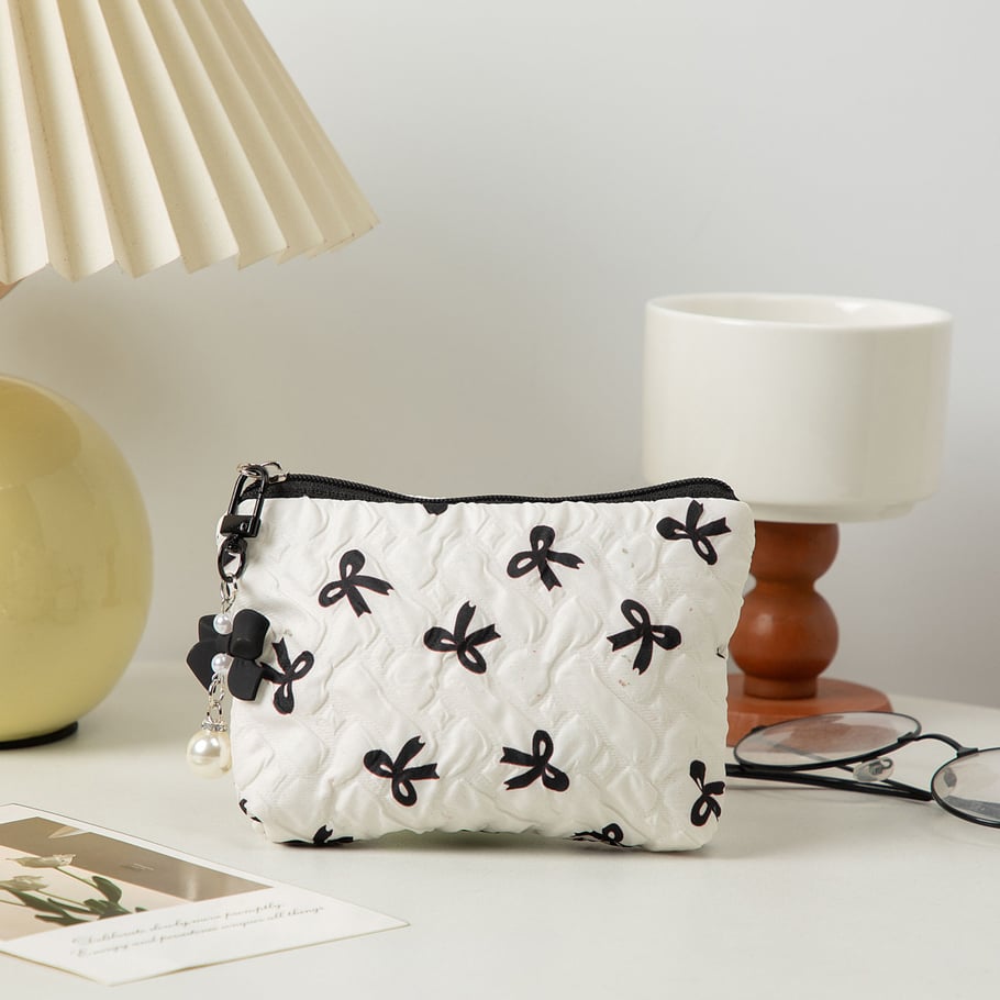 1 Piece Stylish Bowknot Portable Large Capacity Beauty Case With Random Printing Design Women's White Cosmetic Bags h5Picture7