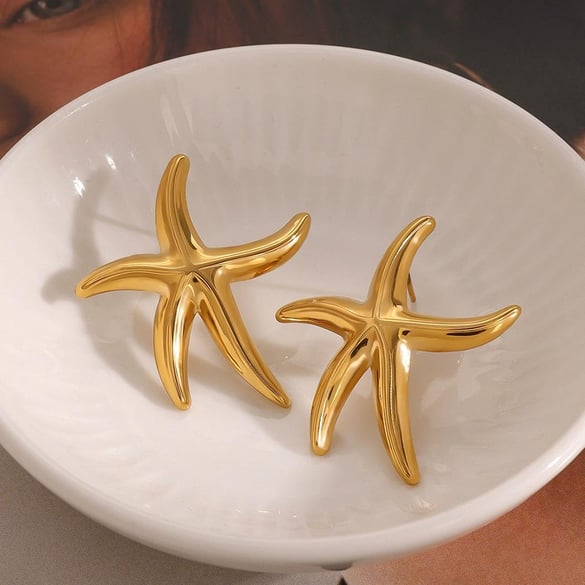 1 Pair Romantic Series Vacation Starfish Shape Stainless Steel Gold Color Beach Women's Stud Earrings 2