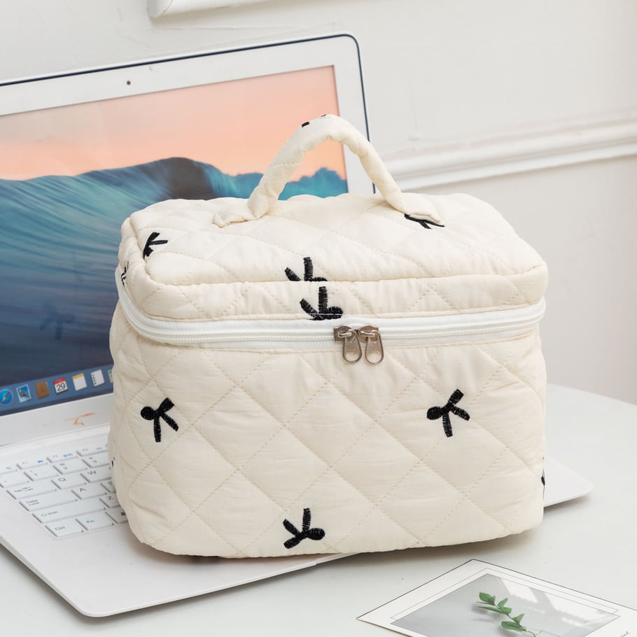 1 Piece Classic Travel Bowknot Portable Large Capacity Beauty Case With Random Printing Design Women's Quilted Cosmetic Bags Picture10