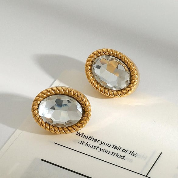 1 Pair Trendy Series Classic Oval Stainless Steel Gold Color Women's Stud Earrings 2