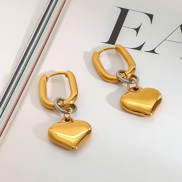 1 paio di orecchini pendenti da donna in acciaio inossidabile placcato oro 18 carati, a forma di cuore/amore, serie semplice 2