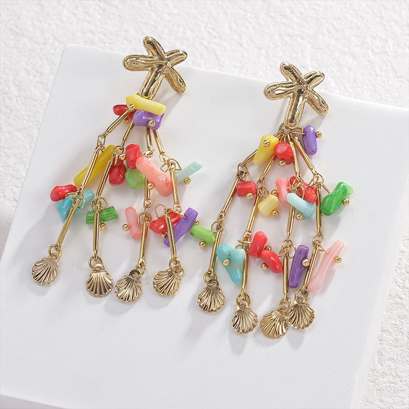 1 Pair Vacation Series Cute Beads Tassels Gold Color Stainless Steel Women's Drop Earrings Picture5