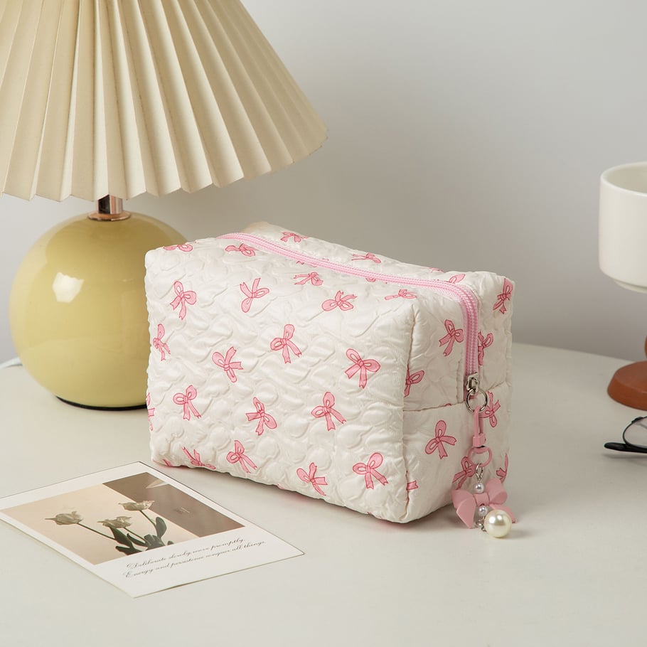 1 Piece Stylish Bowknot Portable Large Capacity Beauty Case With Random Printing Design Women's Pink Cosmetic Bags Picture5