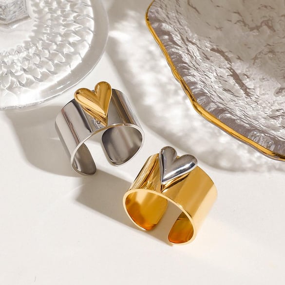 1 Pair Romantic Series Love Heart Fashionable Stainless Steel Gold and Silver Color Women's Adjustable Rings 2