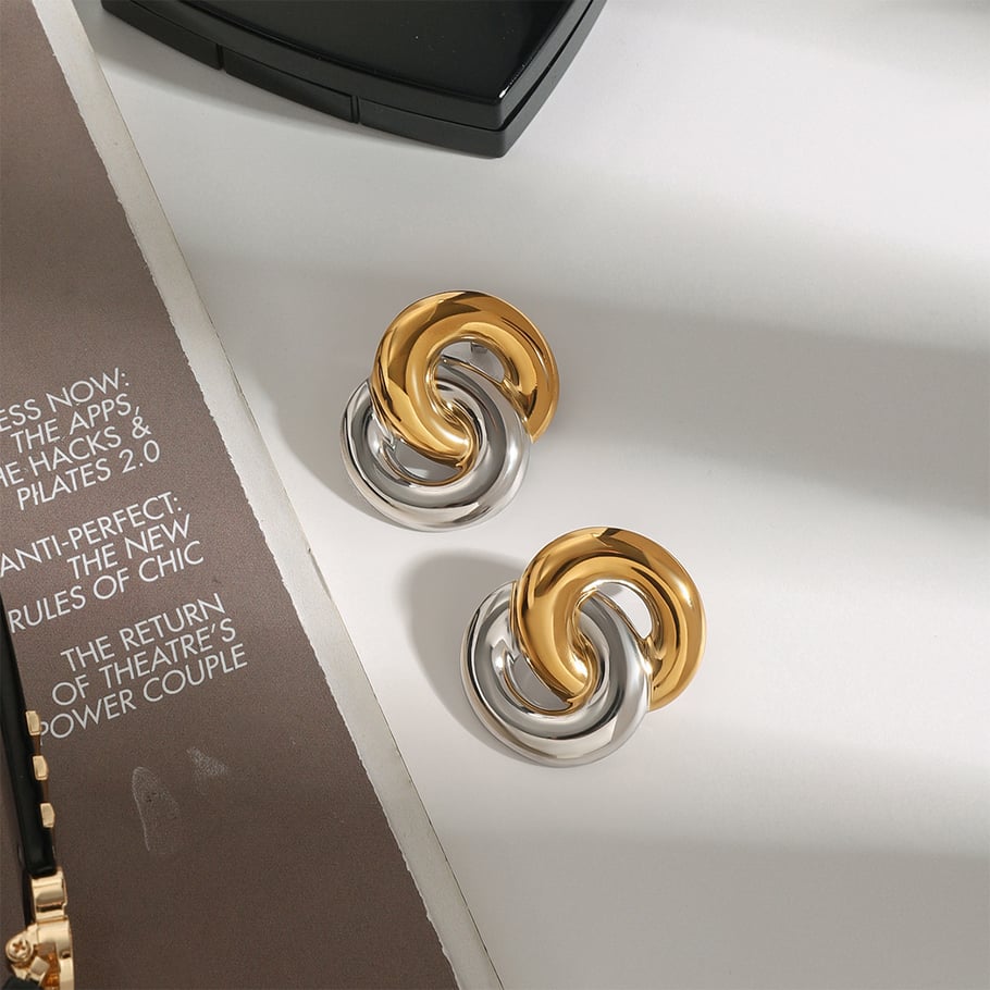 1 Pair Modern Series Classic Overlapped Annular Stainless Steel Gold Color Women's Stud Earrings Picture8