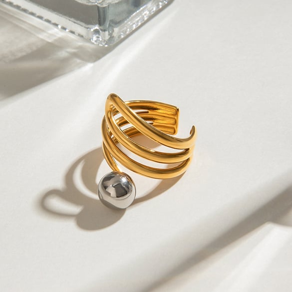 1 Piece Vogue Series Wave Line Solid Stainless Steel Gold and Silver Color Women's Single Rings 2