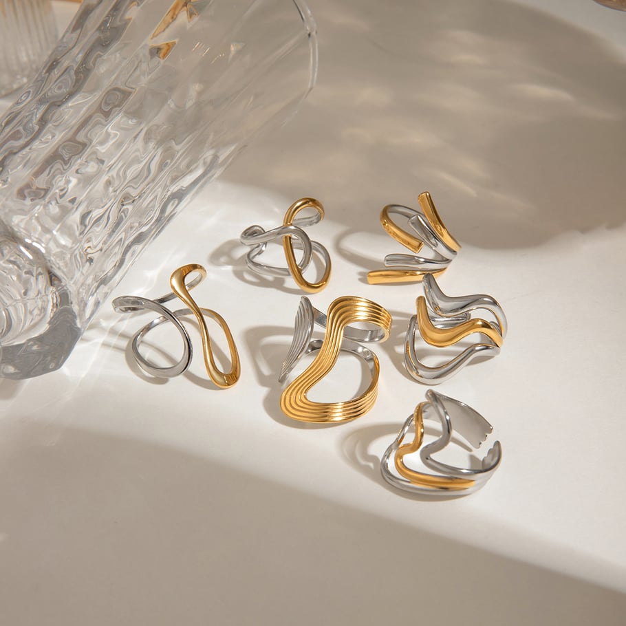 Anillos ajustables para mujer de acero inoxidable color dorado con personalidad de serie simple de 1 pieza Imagen6
