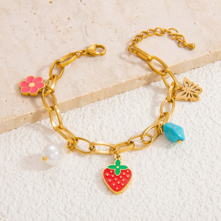 Pulseras con dijes de acero inoxidable dorado con diseño de flores románticas para mujer, 1 unidad Imagen11