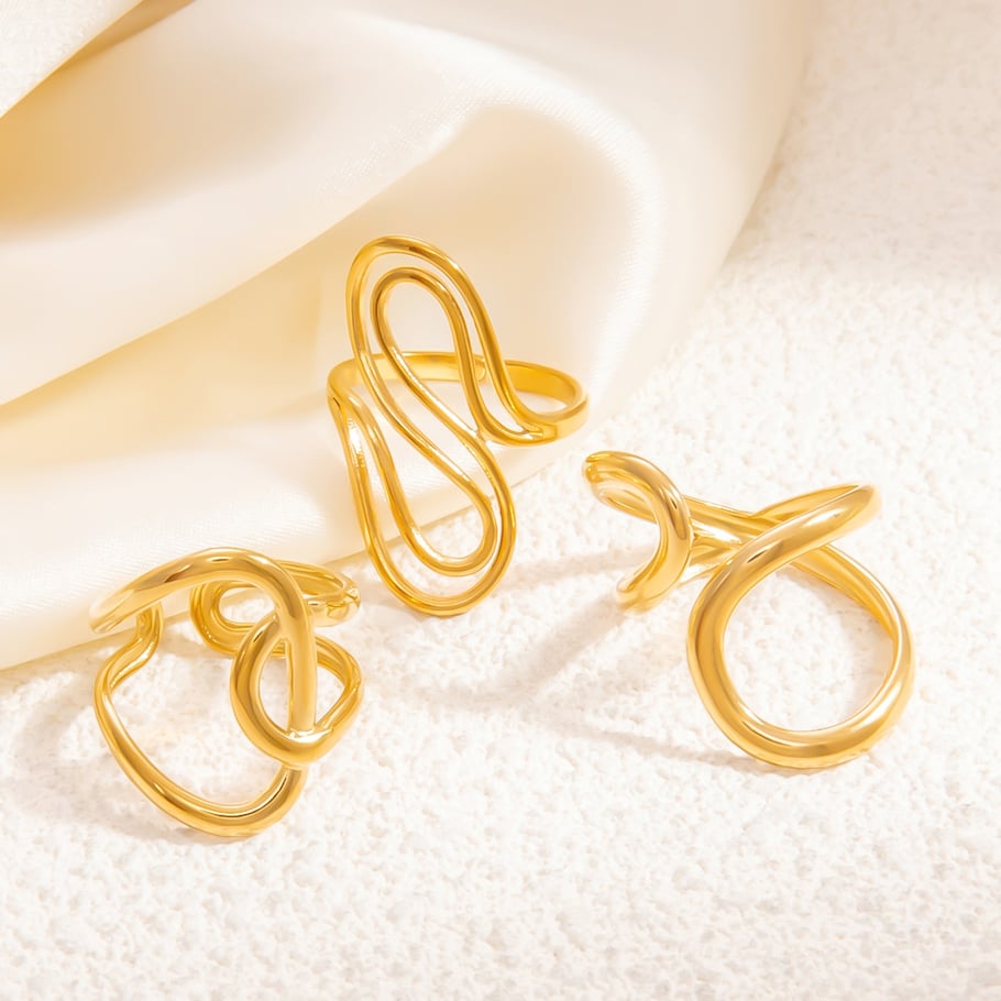Anillo ajustable para mujer de acero inoxidable dorado con diseño clásico de serie simple de 1 pieza Imagen8