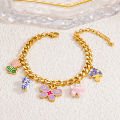 Pulseras con dijes de acero inoxidable dorado con diseño de flores románticas para mujer, 1 unidad h5 Imagen9
