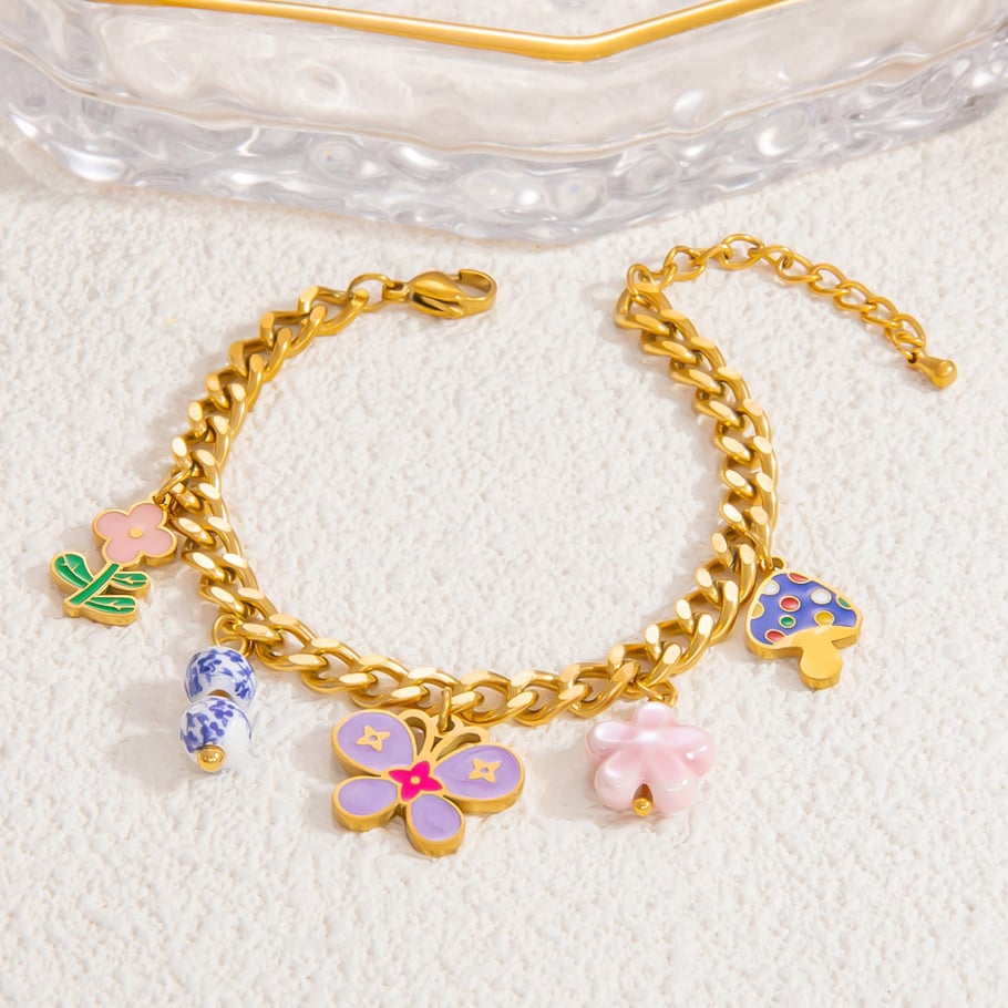 Pulseras con dijes de acero inoxidable dorado con diseño de flores románticas para mujer, 1 unidad Imagen9