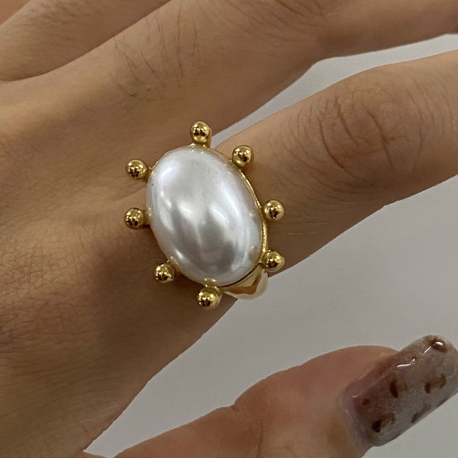 Anillos individuales de lujo para mujer, de acero inoxidable, color dorado, con piedra natural, estilo retro francés ovalado, de 1 pieza Imagen8