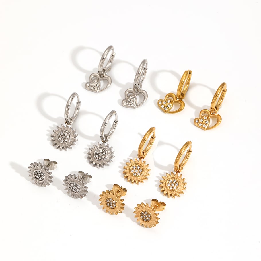 1 Pair Exquisite Series Stylish Sun Shape Stainless Steel Gold Color Zircon Women's Stud Earrings Picture4