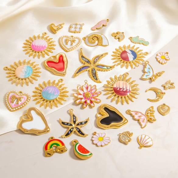 1 Piece Delicate Series Vacation Marine Element Oil-spot Glazing Stainless Steel Gold Color Women's Pendants