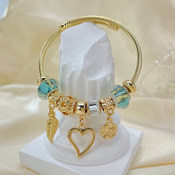 1 Piece Designable Series Cute Heart Beads Stainless Steel Gold Color Women's Bangles