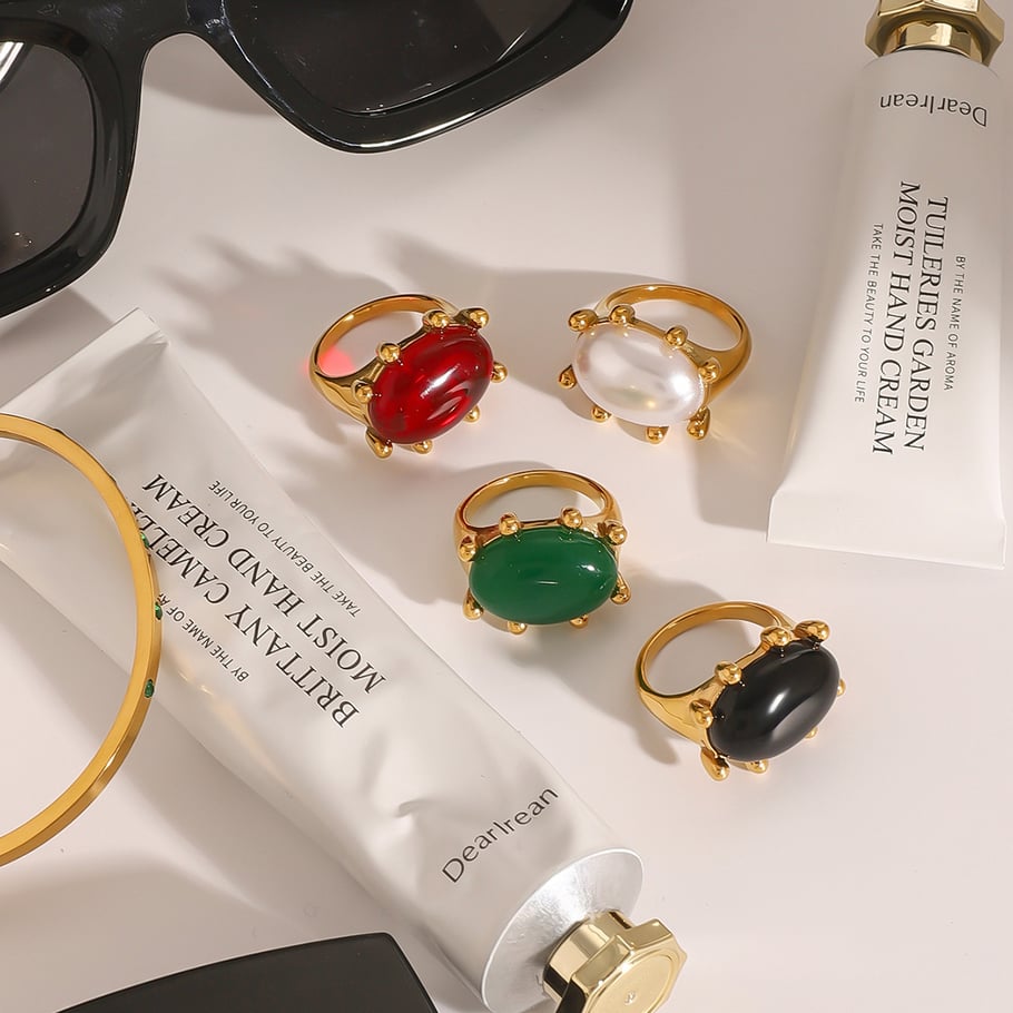 Anillos individuales de lujo para mujer, de acero inoxidable, color dorado, con piedra natural, estilo retro francés ovalado, de 1 pieza Imagen4