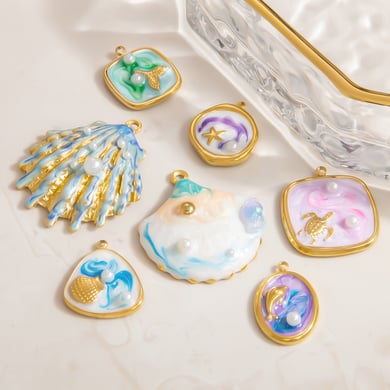 1 Piece Romantic Series Vacation Beach Marine Elements Oil-spot Glazing Stainless Steel Gold Color Shell Women's Pendants h5 Picture4