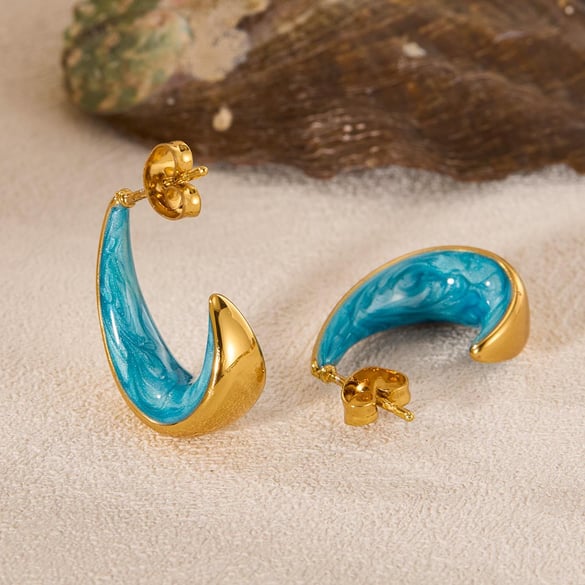 1 Pair Stylish Series Daily Blue Crescent Shape Stainless Steel Gold Color Women's Stud Earrings 2
