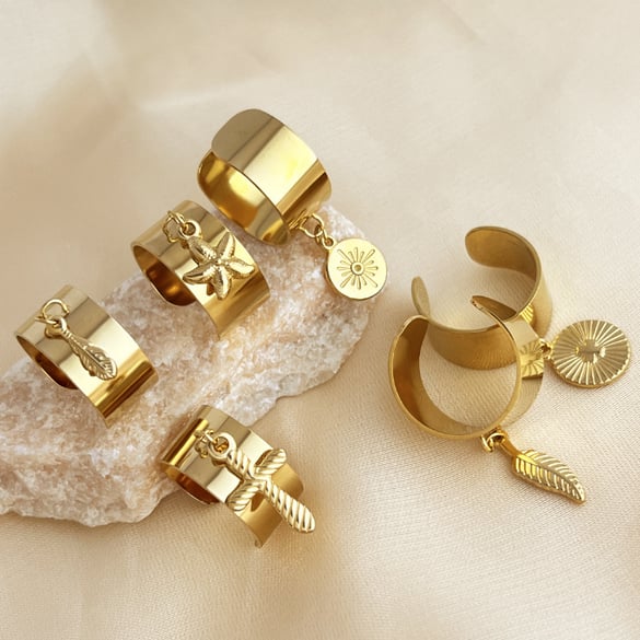 1 Piece Stylish Series Exquisite Marine Organism Dangle Stainless Steel Gold Color Women's Adjustable Rings 2