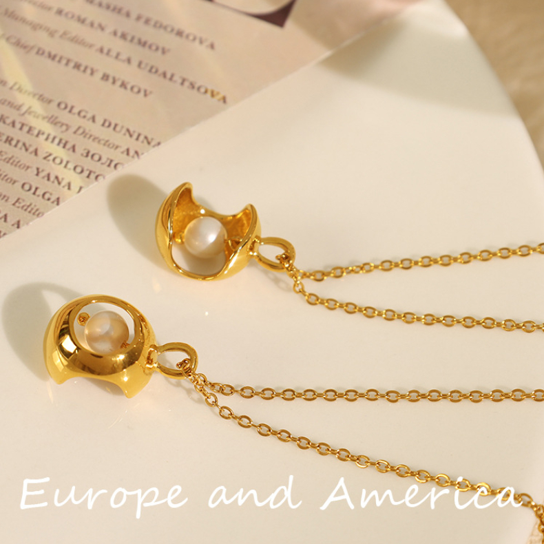 1 Stück Simple Series Retro Geometric Edelstahl Gold Farbe Künstliche Perle Damen Anhänger Halsketten Bild4