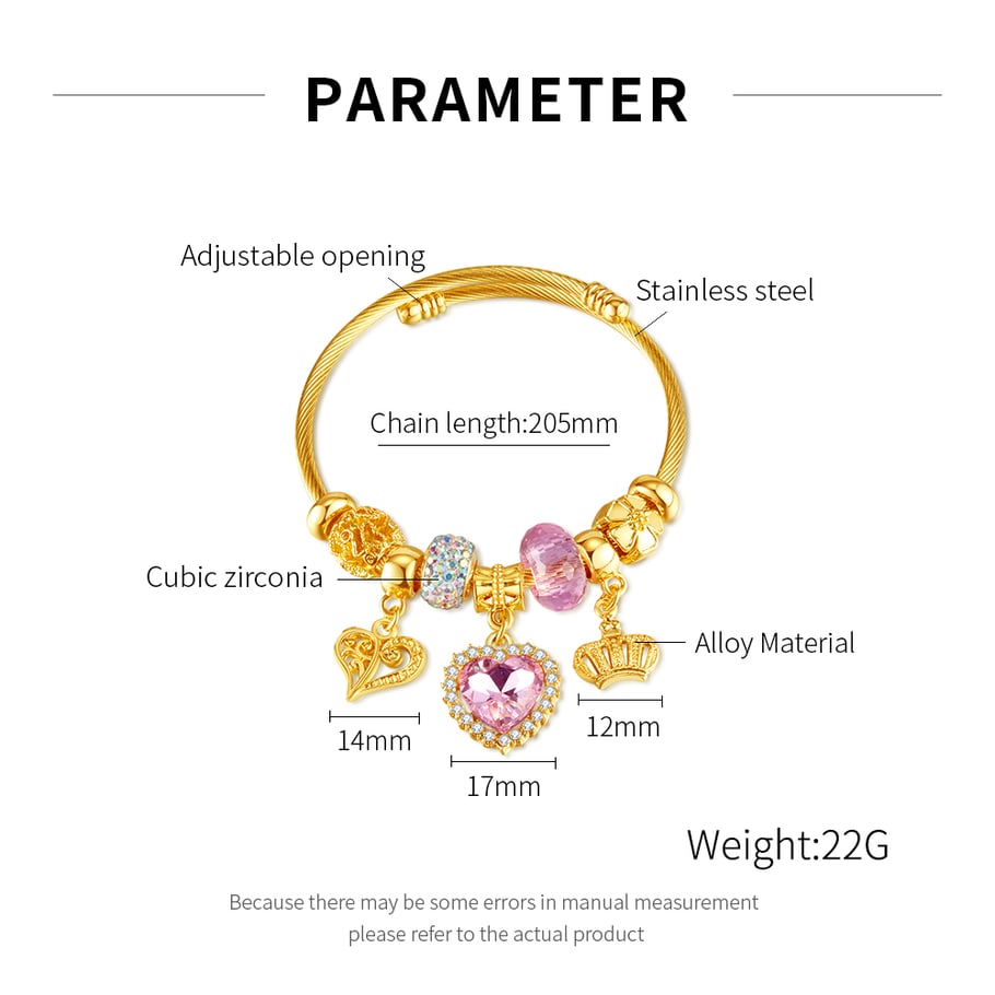 1 Piece Charming Series Cute Pink Heart Beads Stainless Steel Gold Color Women's Bangles Picture6