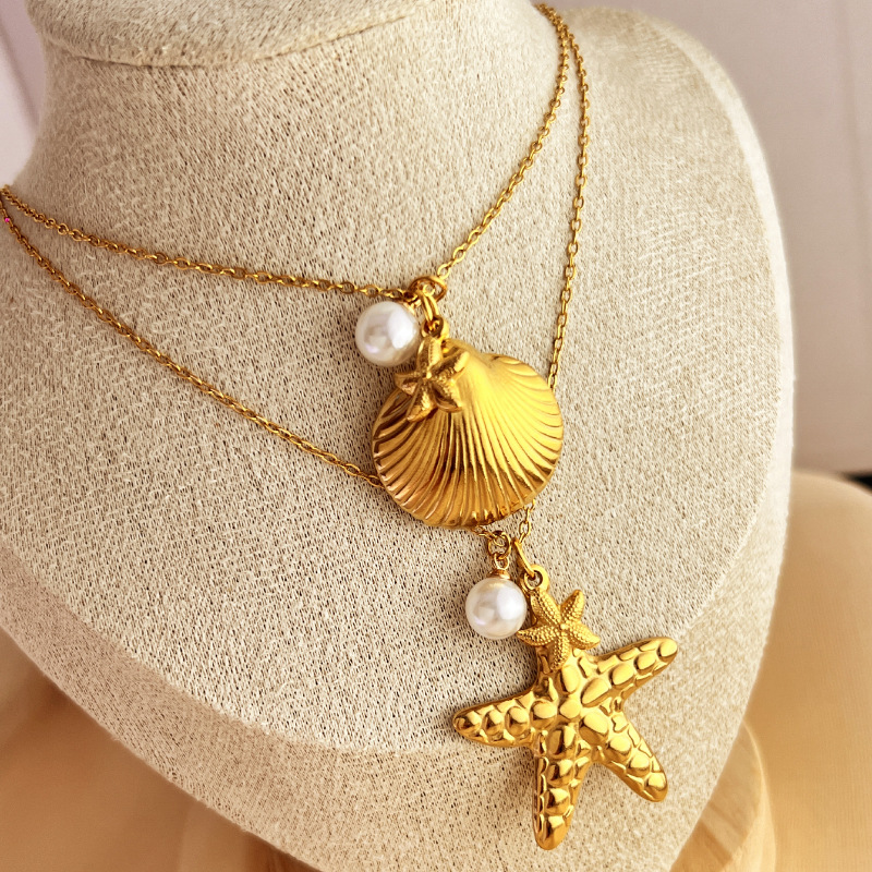 1 Stück Simple Series Retro Turtle Edelstahl Goldfarben Künstliche Perle Damen Anhänger Halsketten Bild3