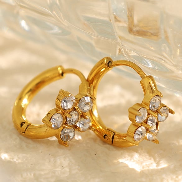 1 paar luxe serie retro bloem roestvrij staal goudkleurige strass dames hoepel oorbellen