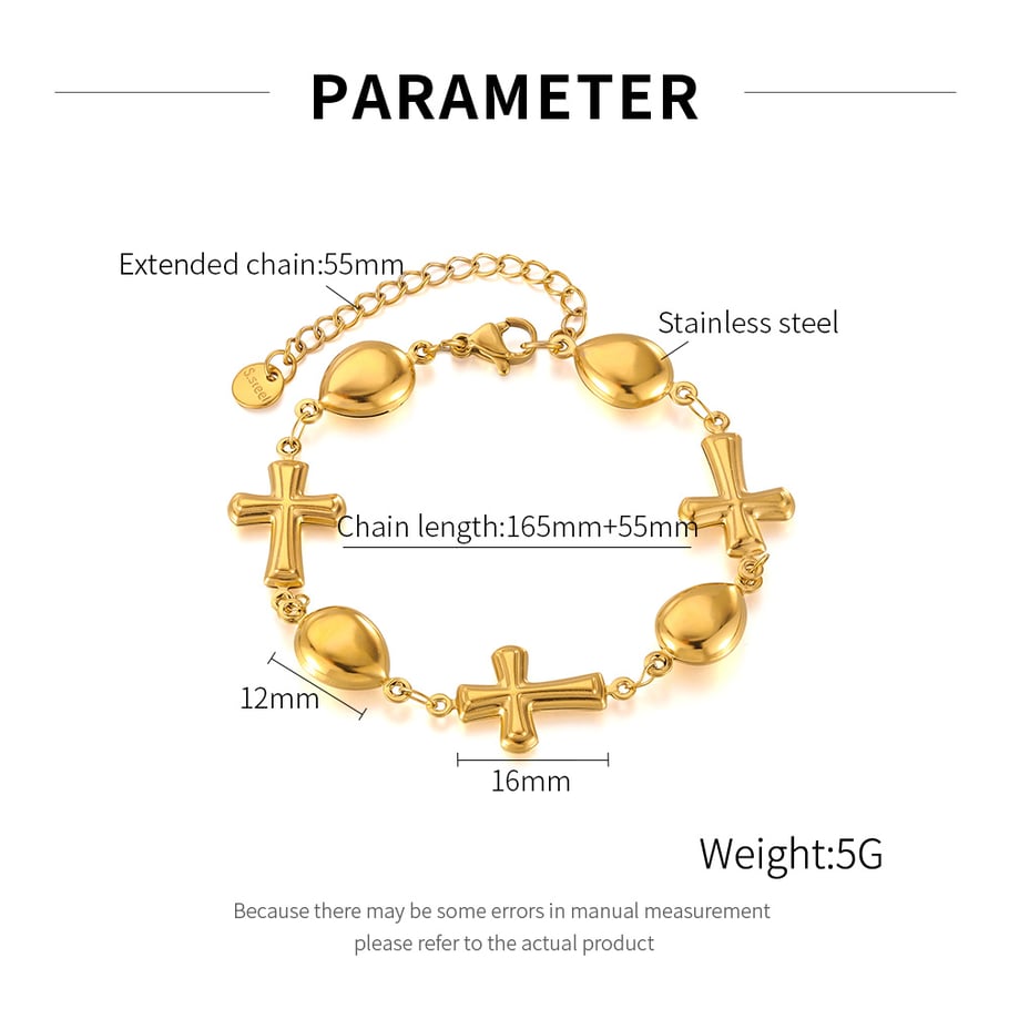 Pulsera de cadena de acero inoxidable color dorado con diseño de cruz diaria de serie simple para mujer, 1 pieza Imagen8