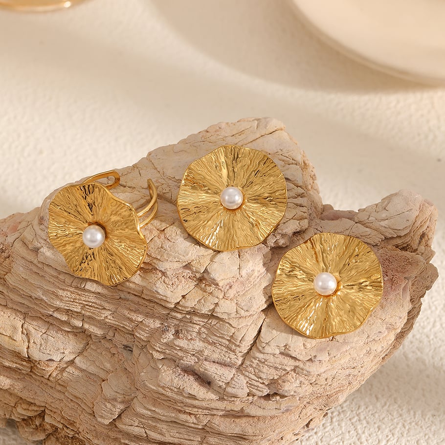 1 Pair Classic Series Retro Hammered Texture Circle Stainless Steel Gold Color Women's Earrings Set Picture3