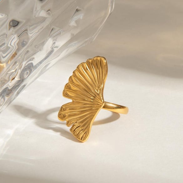 1 Piece Romantic Series Natural Ginkgo Leaf Shape Stainless Steel Gold Color Women's Adjustable Rings 2