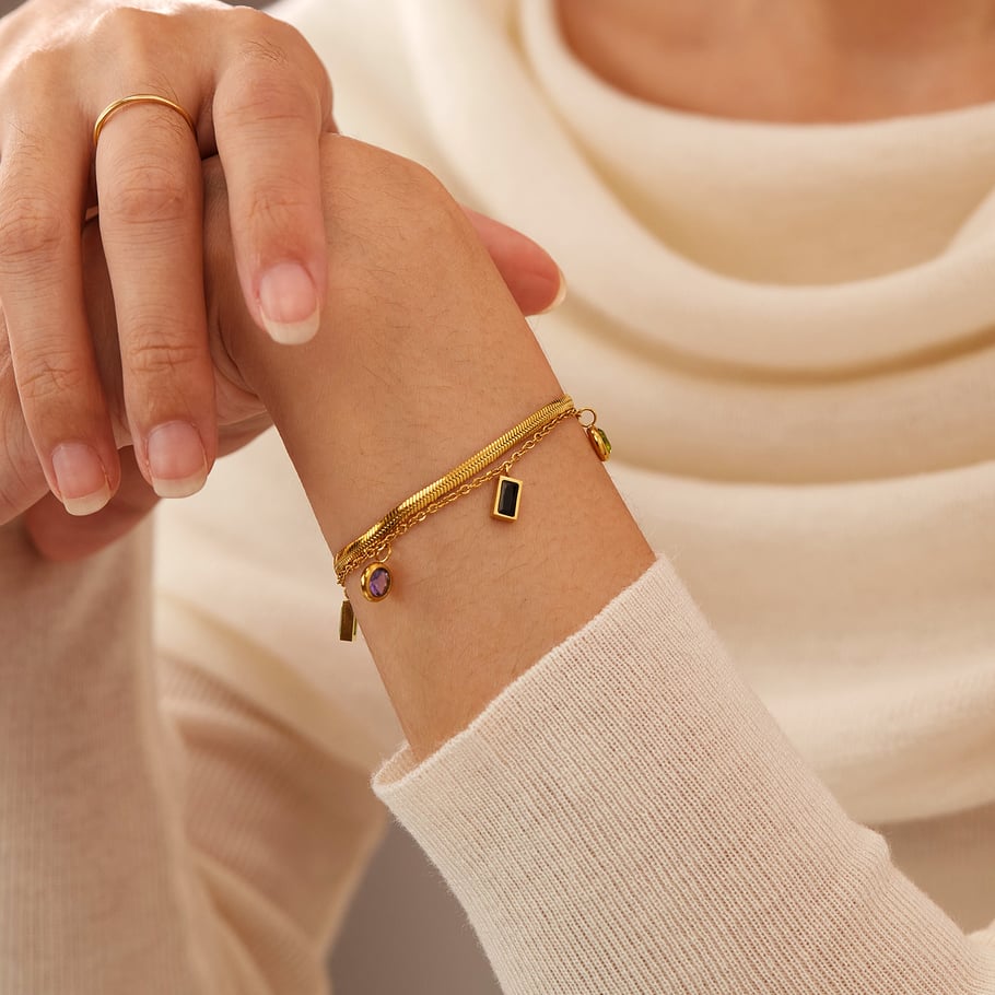 1 Piece Gorgeous Series Daily Rectangular Pendant Stainless Steel Gold Color Women's Chain Bracelets Picture7