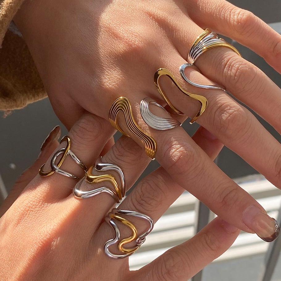 1 pezzo semplice serie personalità linea acciaio inossidabile colore oro anelli regolabili da donna Immagine9