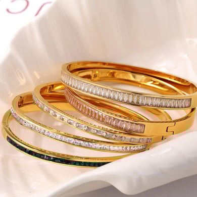 1 Stück Simple Series Klassische geometrische Edelstahl Goldfarben Strass Damen Armreifen h5 Bild4