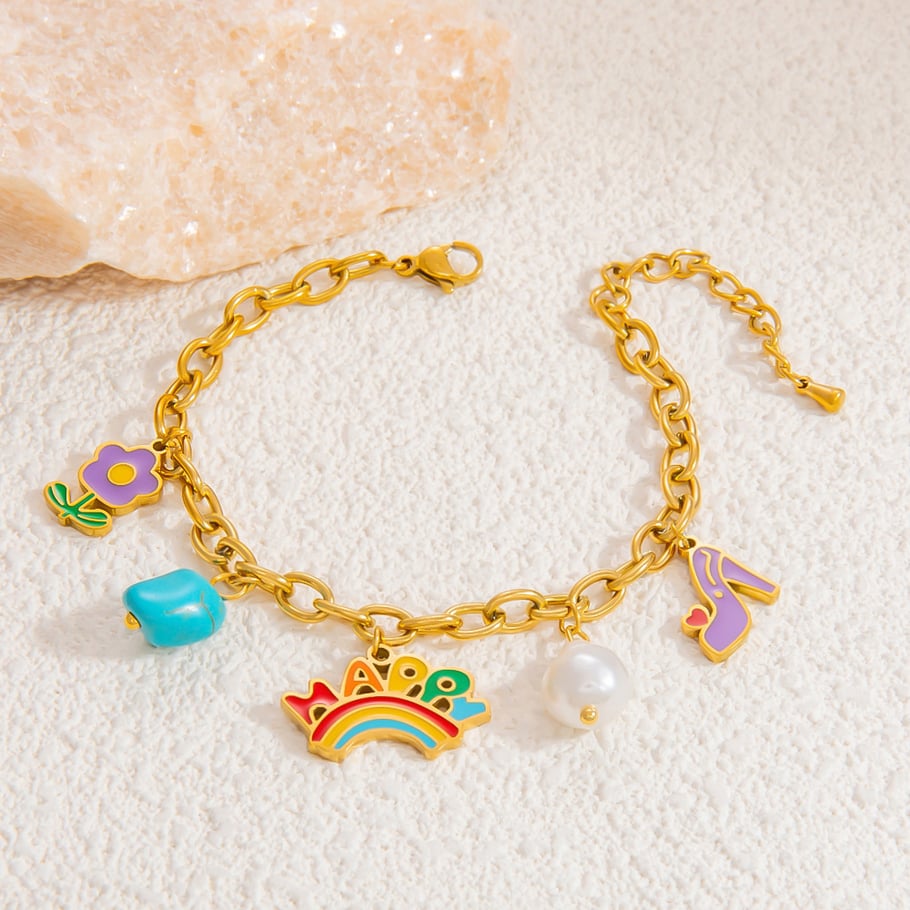 Pulseras con dijes de acero inoxidable dorado con diseño de flores románticas para mujer, 1 unidad Imagen8